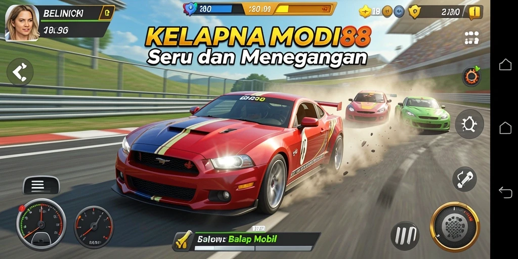 Antarmuka permainan KELINCI88 dengan mobil balap dan trek yang mengesankan.